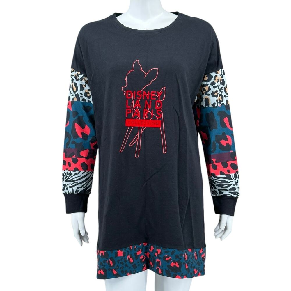 Disneyland Paris‎ Collection Dress Womens Large Black Tunic Bambi Animal Print